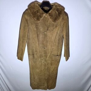 Vintage Tan Suede Leather Trench Coat with Real Fur Collar Women Size 12 Long